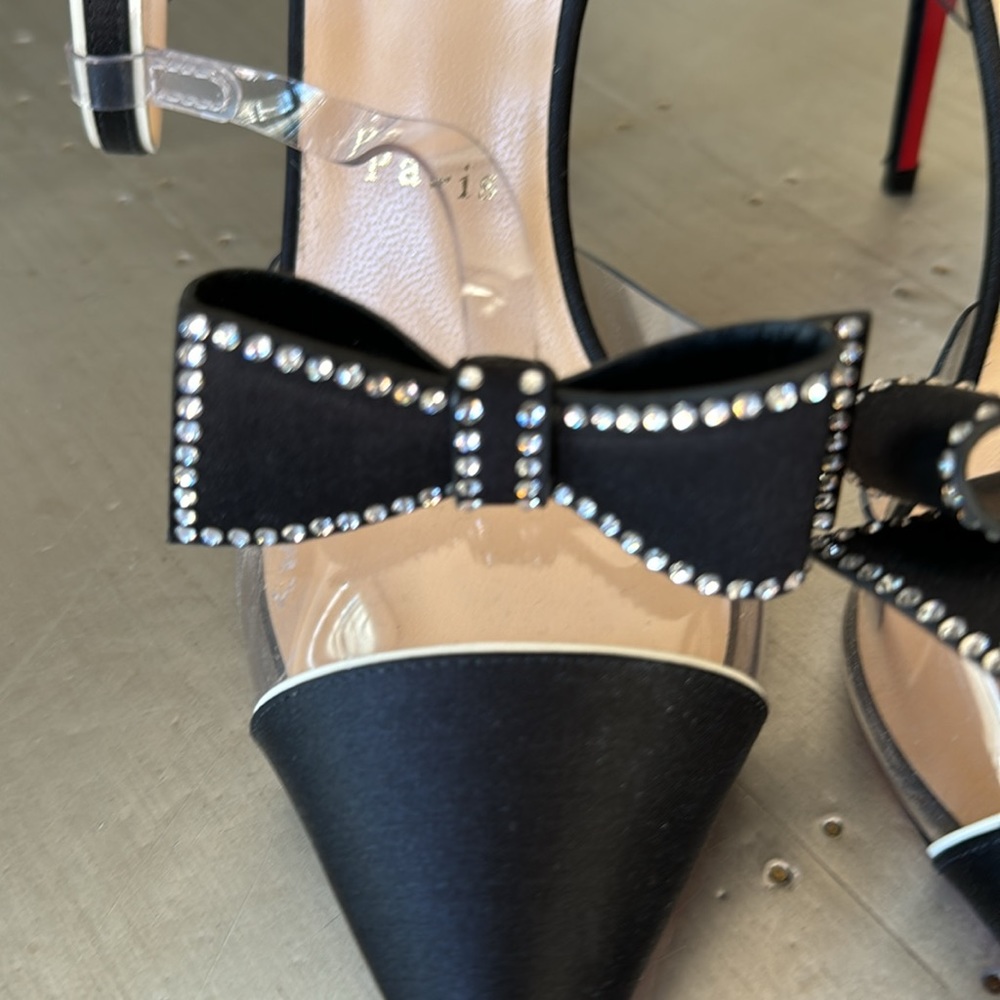 Christian Louboutin naked bow black satin crystal 100mm stiletto sz 38.5 - Picture 6 of 14